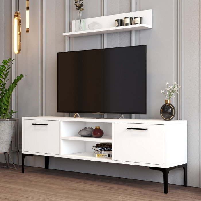 Hanah Home Mueble TV Riga Blanco 140x48x30cm Tablero Melamina 18mm Estante Pared 80cm